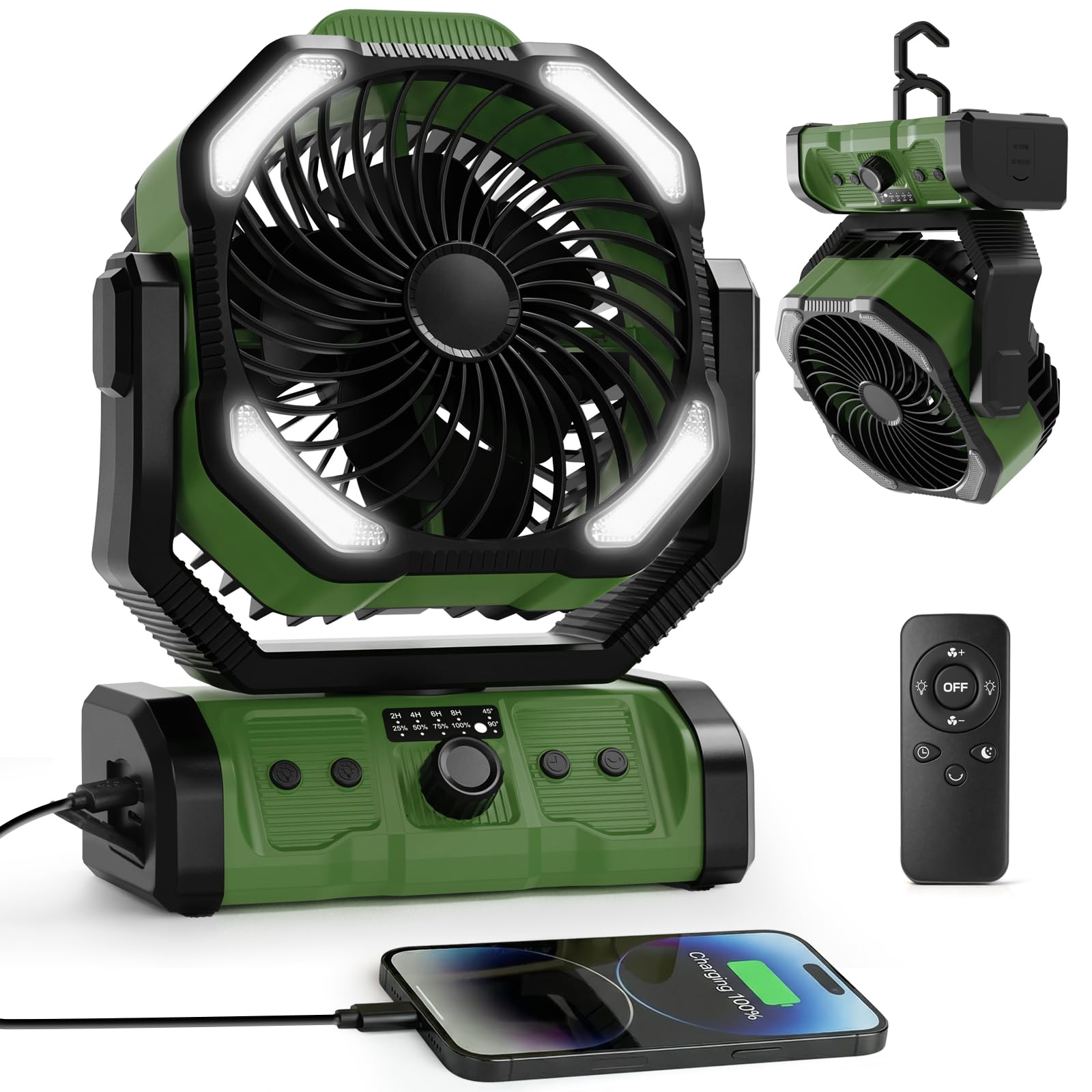 ELZO 20000mAh Camping Fan with LED Light, Portable Rechargeable Desk/Tent/USB Fan with Remote & Hook, 270°Head Rotation, Stepless Speed, with Sleep Mode for Home Outdoor Office Travel Fishing (Green)