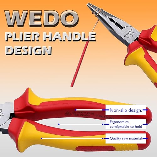Miniatura 21 de WEDO Juego de 3 alicates aislados, VED 1000V Kit de alicates para electricista, alicates Lineman de 8 pulgadas, alicates de punta de aguja larga