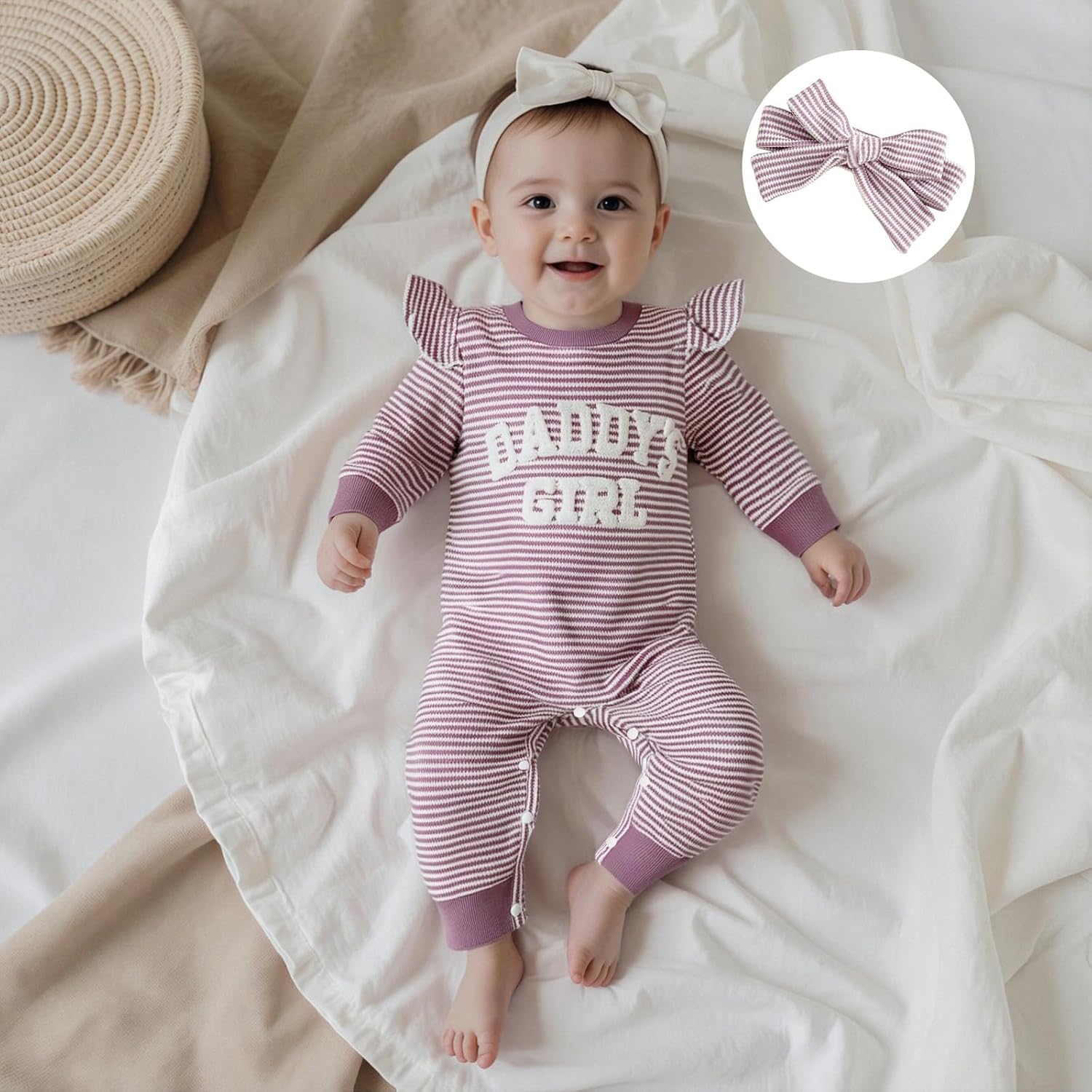 Newborn Baby Girls Romper Outfits Daddy's Girl Embroidery Striped Ruffle Jumpsuit Bodysuit Fall Winter Clothes