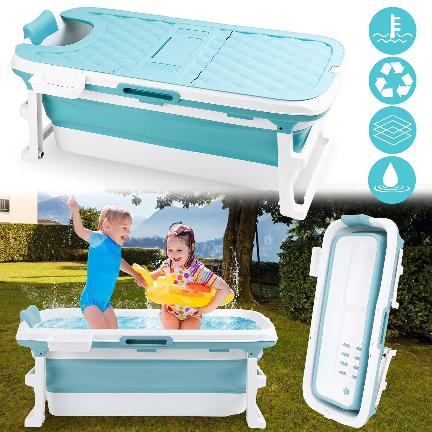 Bañera plegable para adultos, tamaño L, 132 x 60 x 50 cm, portátil, plegable, ideal para baños pequeños, con cesta de jabón, drenaje rápido, azul