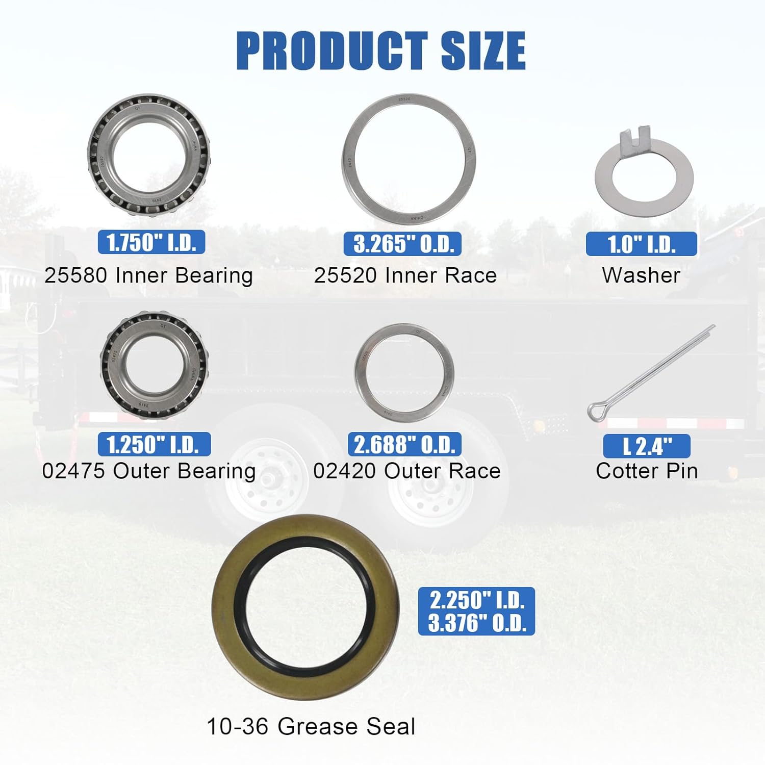 1 Set 8000 LB Trailer Axle Bearing Kit, 02475/02420 Outer Bearing (1.25'' ID), 25580/25520 Inner Bearing (1.75'' ID), Grease Seals 10-36 for 8000# Axles with #D42 Spindle