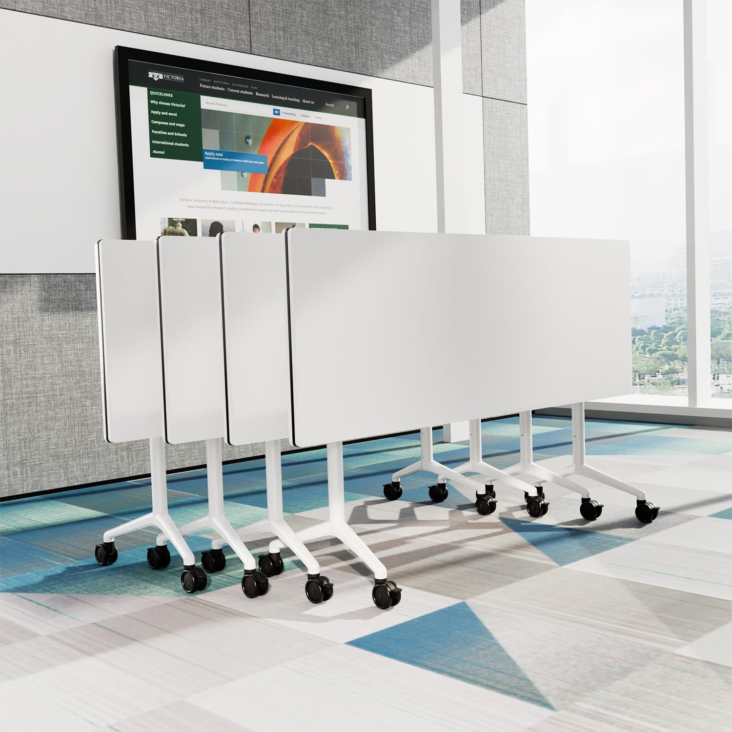 4-Pack Modern White Folding Conference Table with Wheels, 63in Large Flip-Top Mobile Office Desk for Meeting Room, Training Room, Classroom -