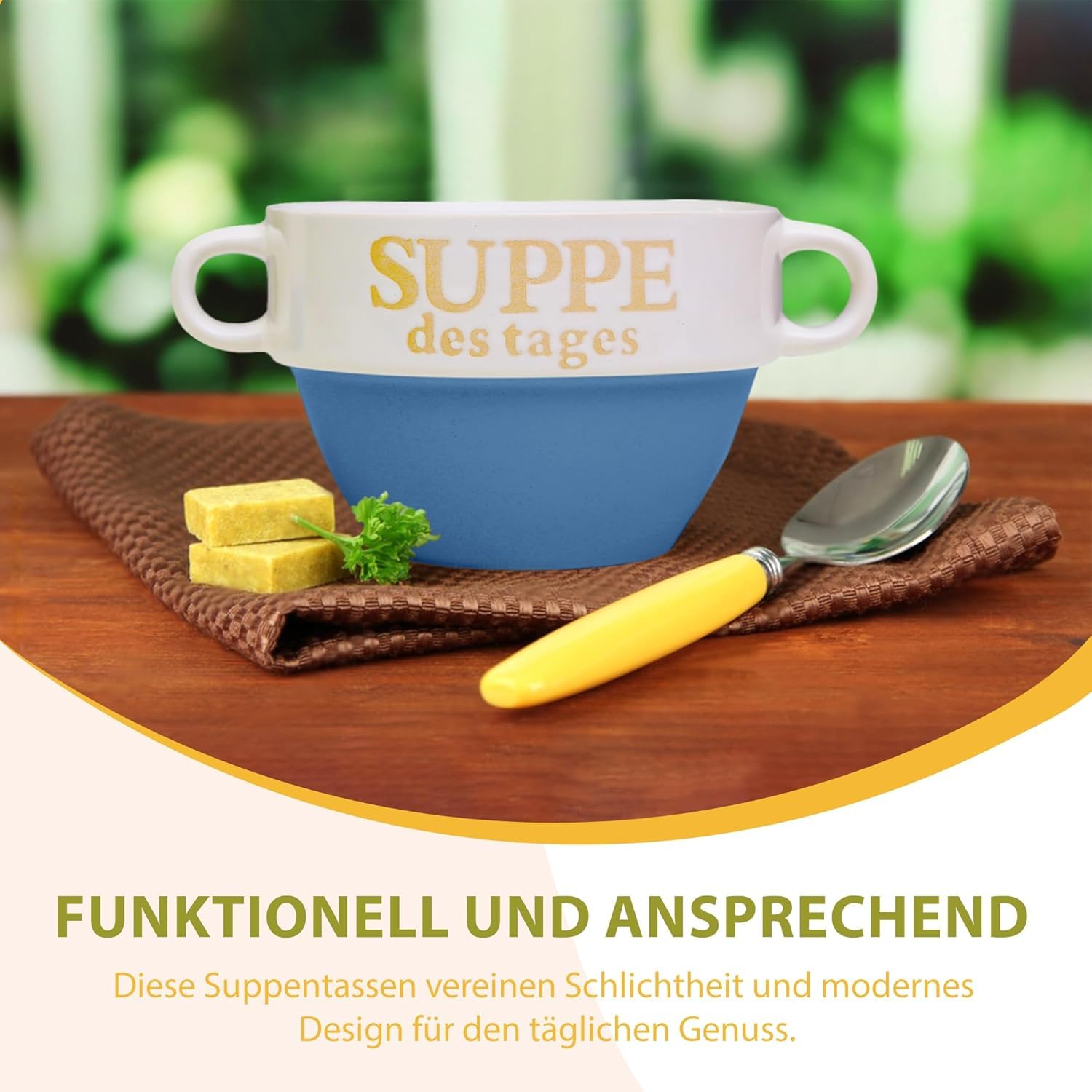 Riya 6er Set Suppentasse Blau aus Keramik Ø 13 cm mit Henkel – Hochwertige Suppenschale, Hitzebeständig und Leicht – Perfekt für Suppe, Eintöpfe & heiße Getränke – Stapelbar und Spülmaschinenfest