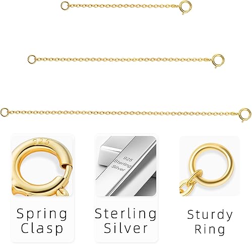 Miniatura 8 de Extensor de collar, extensores de cadena dorada para collares, extensor de collar de oro, plata de ley 925, 2 pulgadas, 3 pulgadas, 4 pulgadas
