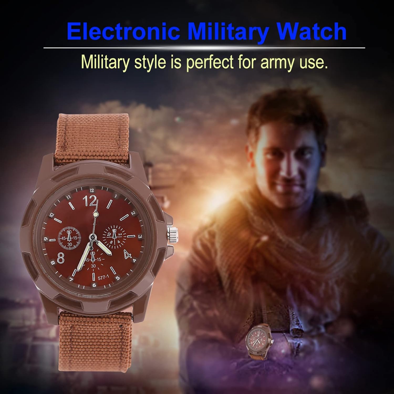 Sports Watch, Military Style Round Analog Wristwatch, Watertight Sport Watches with for Long-Lasting Nylon Strap Electronic Movement for Accurate Timekeeping (Coffee)