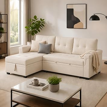 Naomi Home L Shaped Sectional Couch with Storage & Pull Out Bed 3-in-1 Convertible Sleeper Sofa Bed, Small L Shape Sofa for Living Room, Sofa Bed with Storage Chaise in Beige, Velvet