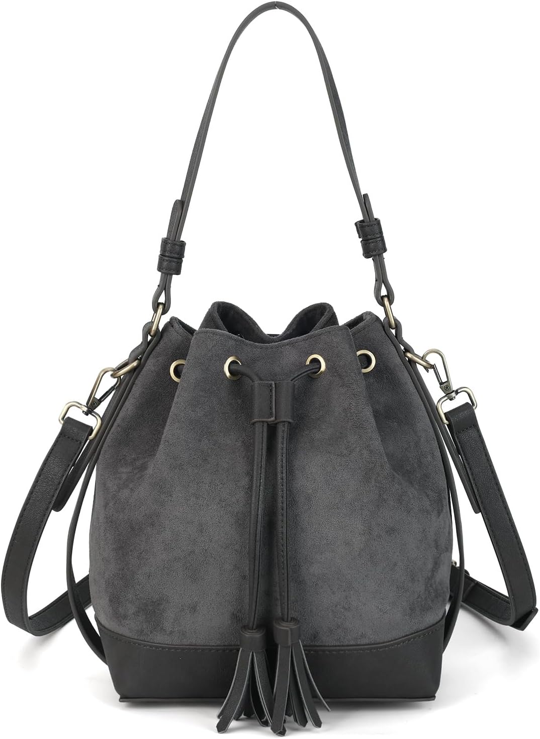 AFKOMST Faux Suede Bucket Bags and Drawstring Crossbody Purse for Women Medium Tote Handbags with 2 Shouder Straps | Fit Pad mini, Long Wallet, Removable Long Strap