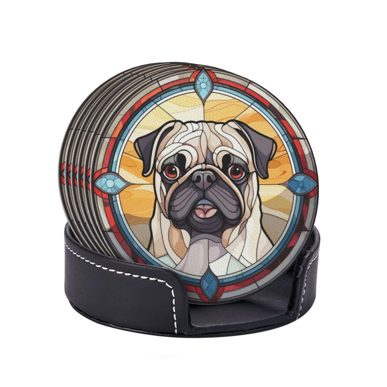 Drink Coaster Set of 6, Pug Dog Mom Lover Gift,Leather Drink Coasters with Holder,6 Pack Cup/Bar/Drink Coasters for Table/Drinks/Coffee Protection Housewarming Gift