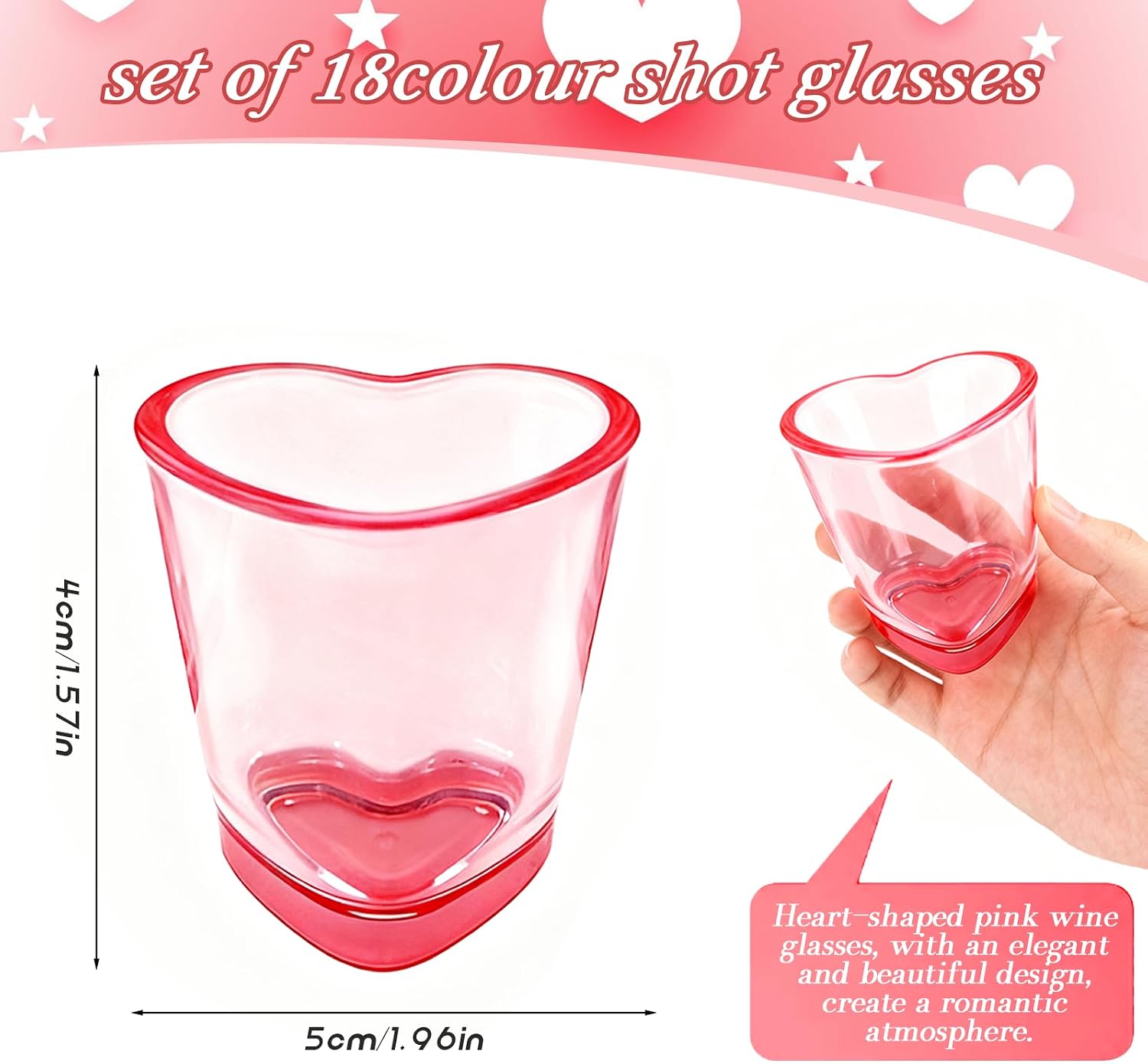 18 Pcs Pink Heart Shot Glasses Set Cute Shot Glasses with Heavy Base Reusable Plastic Beer Mug for Whiskey Tequila Valentine's Day Bachelor Party