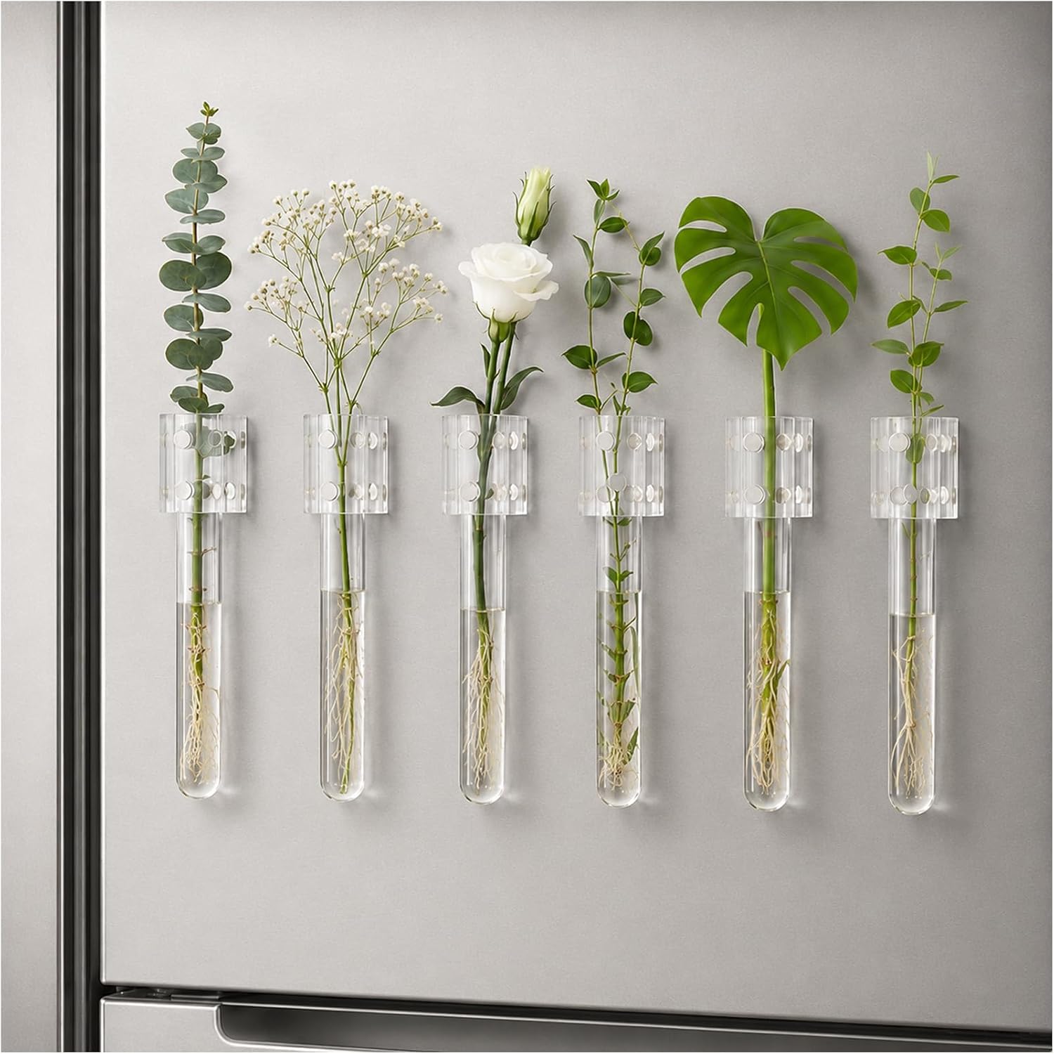 Mini vase Magnets for Fridge, Magnetic Test Tube Vase Set of 6 | Mini glass vase refrigerator magnets with 6 glass tubes and clear acrylic holders for flowers, cuttings, and metal surfaces