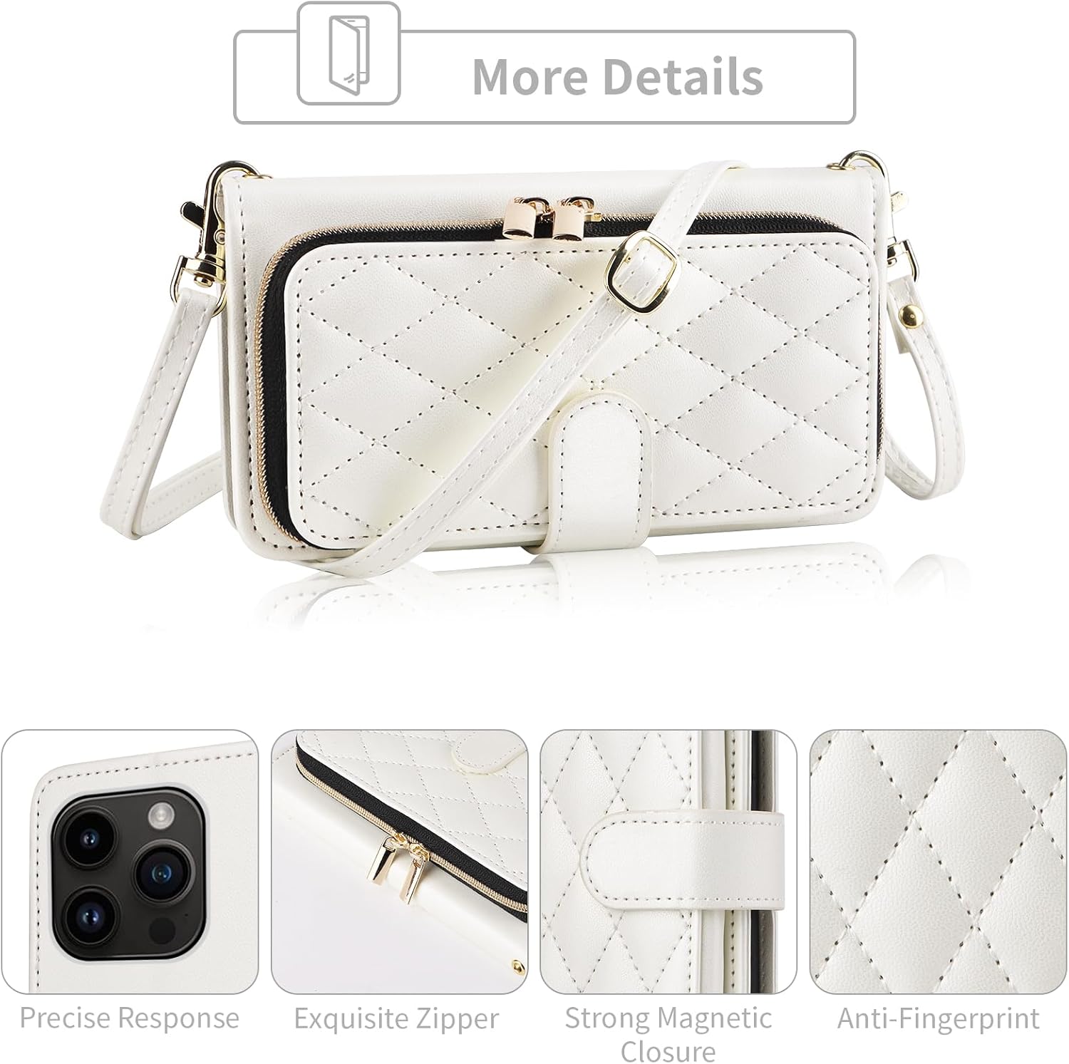 Wallet Case for iPhone 15 Pro Max 6.7 inch with Wrist Strap, 9+ Card Slots Zipper Purse, Luxury PU Leather Stand Phone Cover for iPhone15promax 5G i Phone15Max Plus iPhone15 ProMax Women White - Image 4