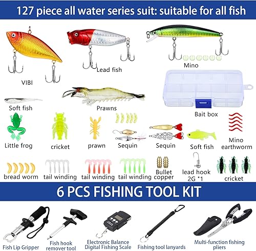 Miniatura 3 de Kit de herramientas de pesca de 484 piezas, kit de accesorios de pesca, incluye caña de pescar y carrete, caja de aparejos con herramientas de