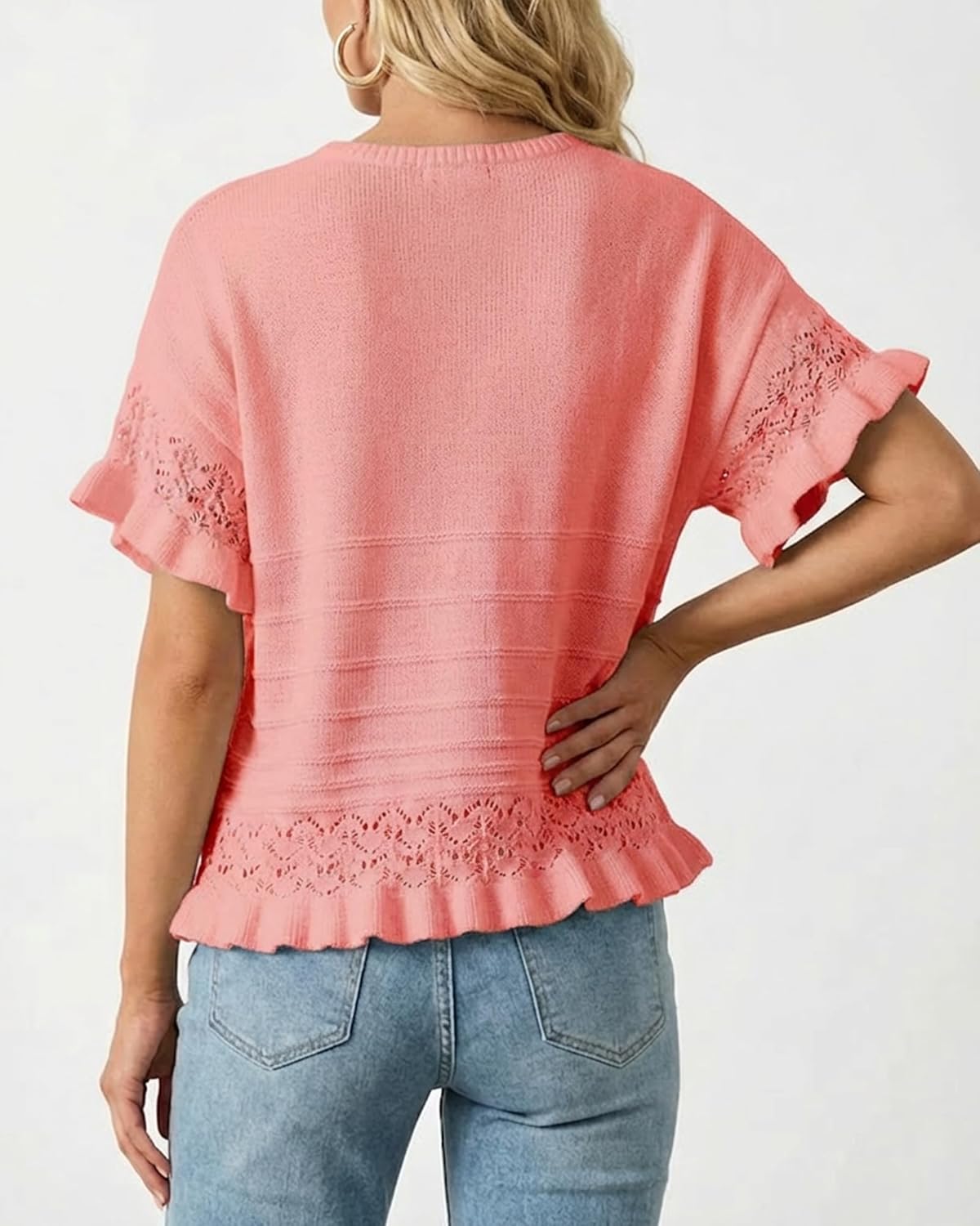 Womens Summer Ruffled Short Sleeve Crochet Blouse Sweater Casual Round Neck Ruffle Knit Pullover Sweaters - Image 4