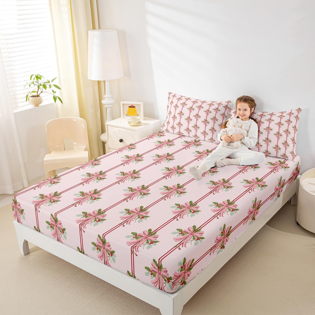 Erosebridal Pink Christmas Fitted Sheet Pink Xmas Bowknot Bed Sheets Full Winter Christmas Red Berry Bedding Set for Women Men Adults Green Leaves Bow Tie Bed Cover 3 Pcs Geometric Stripes Decor