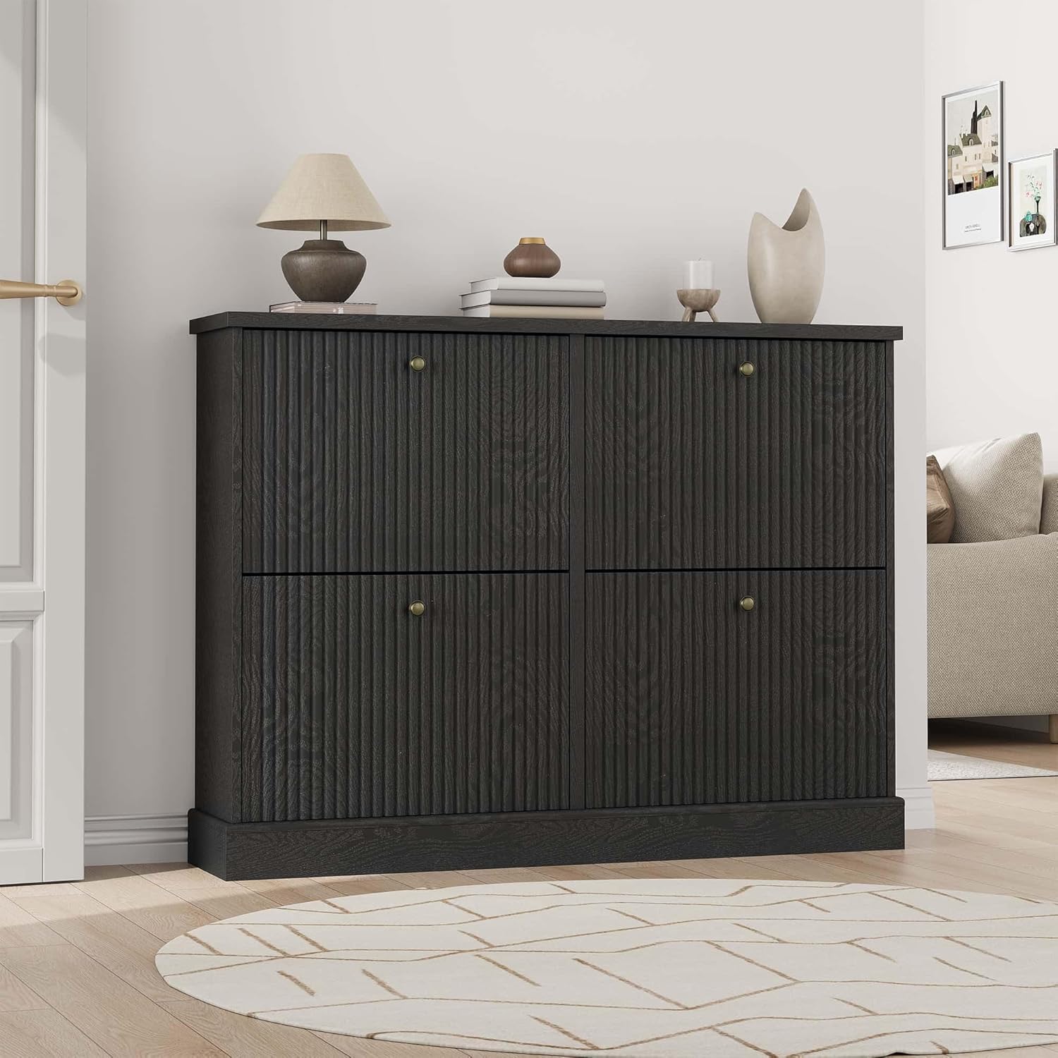 GarveeHome Shoe Cabinet with 4 Flip Drawers, Hidden Wooden Fluted Shoe Cabinet with Adjustable Shelf, Freestanding Shoe Storage Cabinet for Entryway Hallway, Living Room, Black