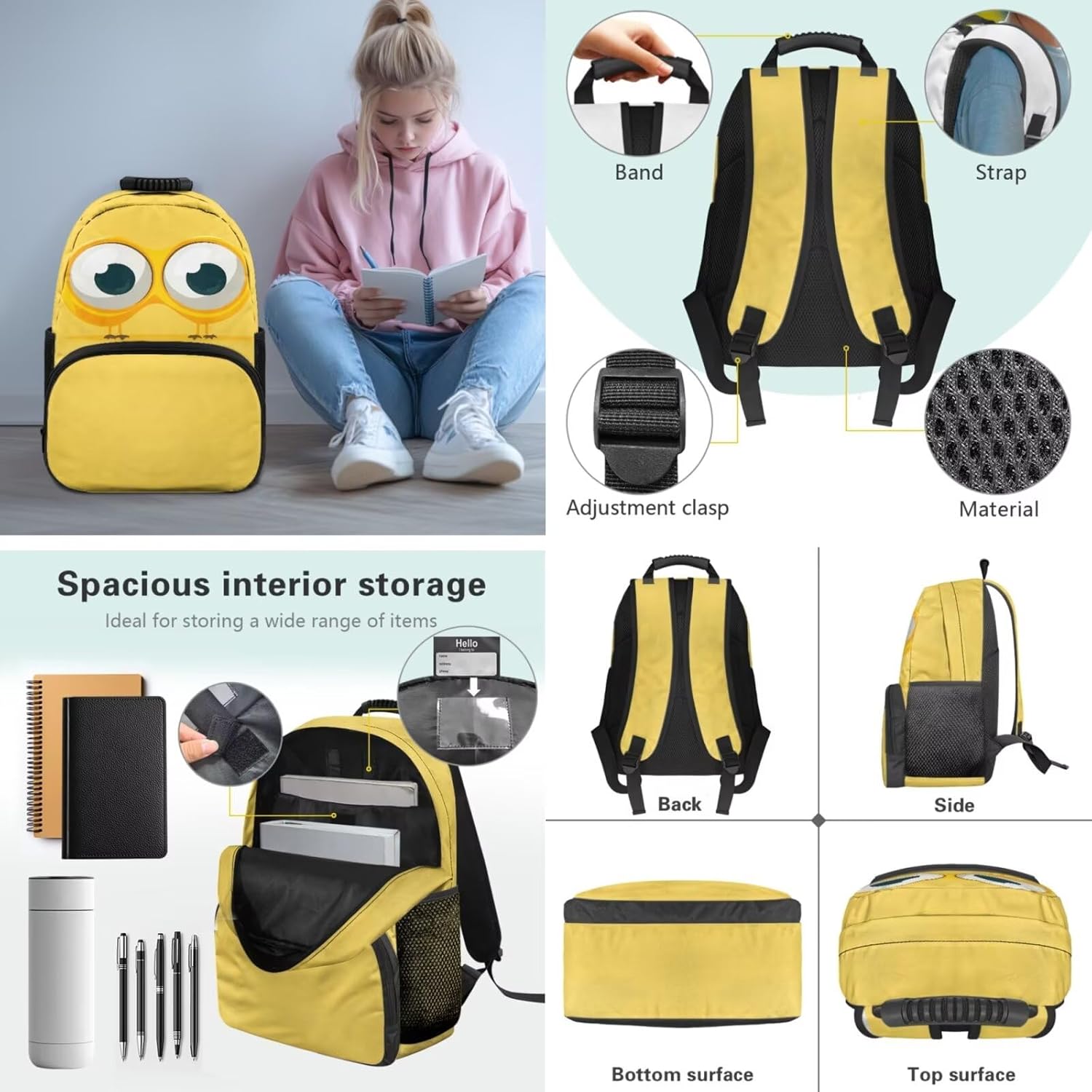 Cute Cartoon Eyes School Backpack for Girls Boys, Kids Elementary School Bookbags with Insulated Lunch Bag and Pencil Case, 3 Pcs School Bag Set Travel Backpacks Rucksack