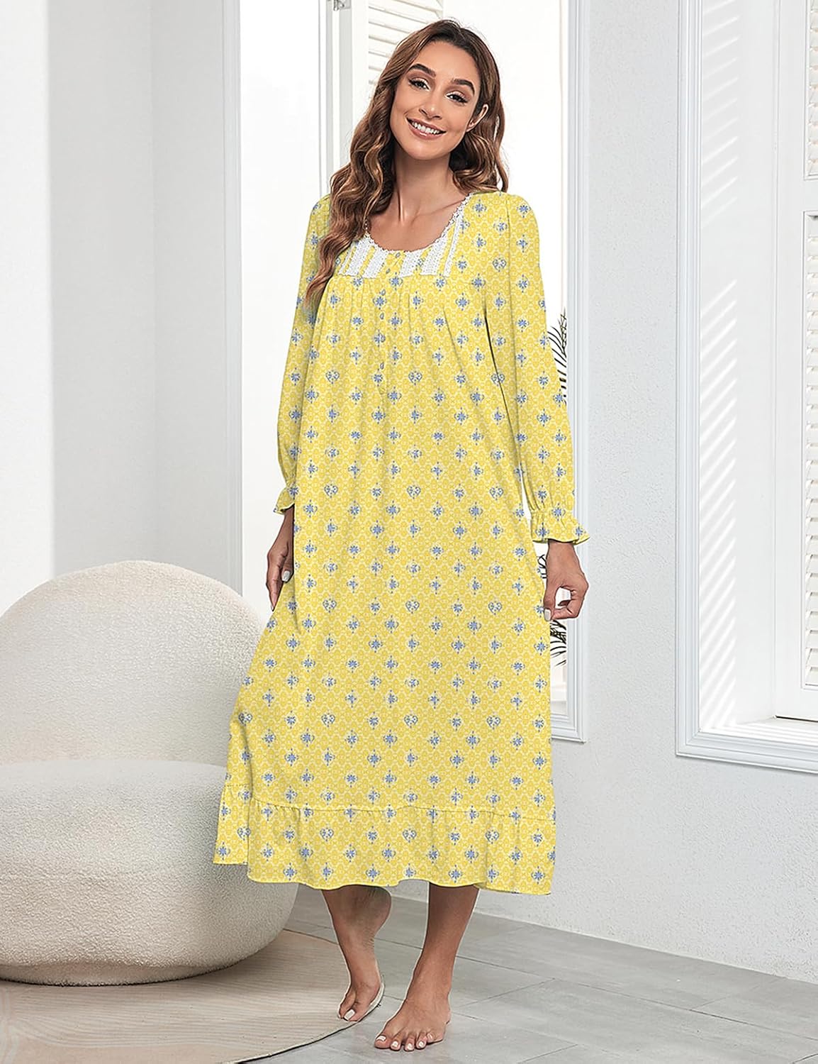 MZROCR Cotton Nightgowns For Women Long Sleeve Night Gowns Soft Women's Sleepwear Loungewear for Women Ladies Nightgowns - Image 4