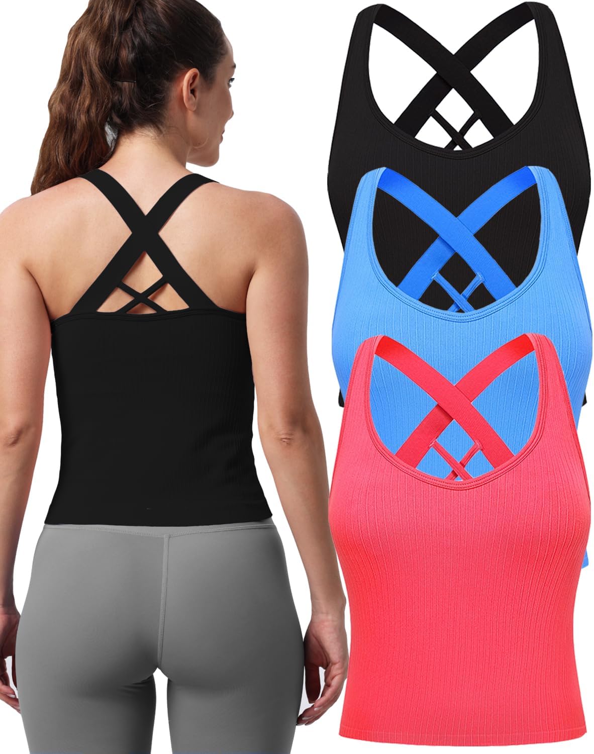 Evercute Workout Yoga Crop Tank Tops for Women 1/2/3 Pack Criss Cross Strappy Tops with Built in Bra Ribbed Seamless Tanks