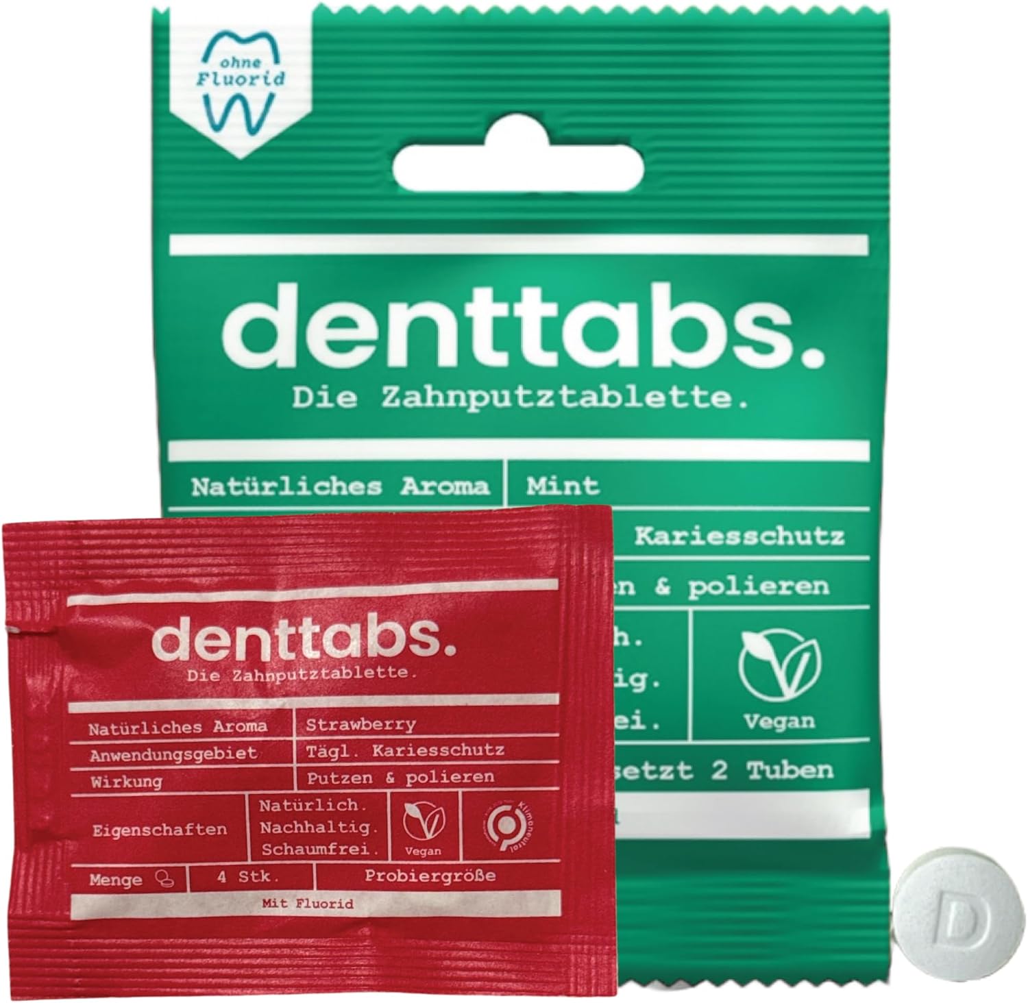 Denttabs Toothbrush Set   Toothbrush Tablets Mint without Fluoride 125 Pieces Set + Tasting Pack Strawberry with Fluoride 4 Pieces