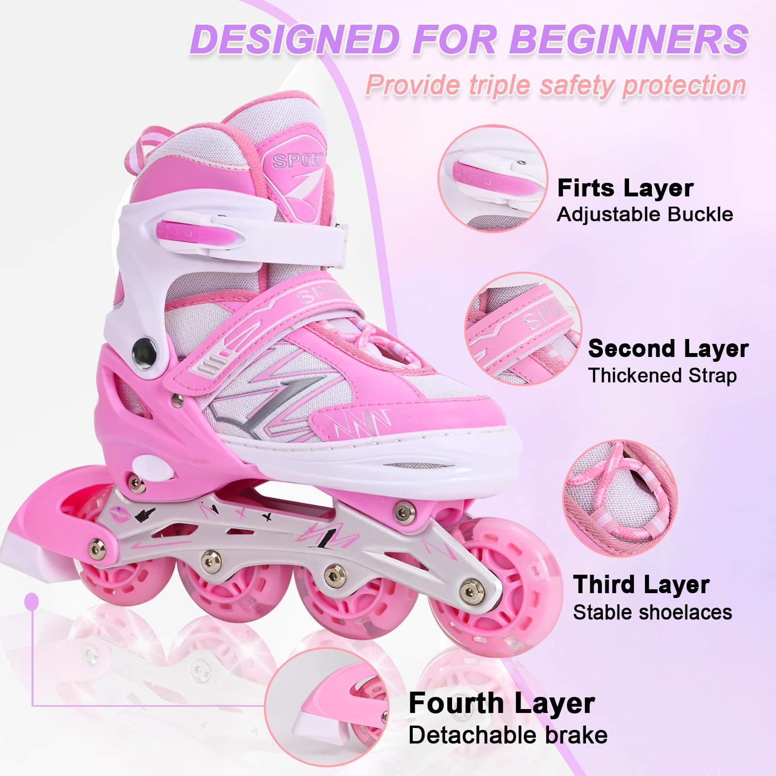Pattini in linea per bambini regolabili per ragazze ragazzi con tutte le ruote che si illuminano, per principianti grandi pattini a rotelle per bambini all'aperto e al coperto (Rosa Bianco, S)