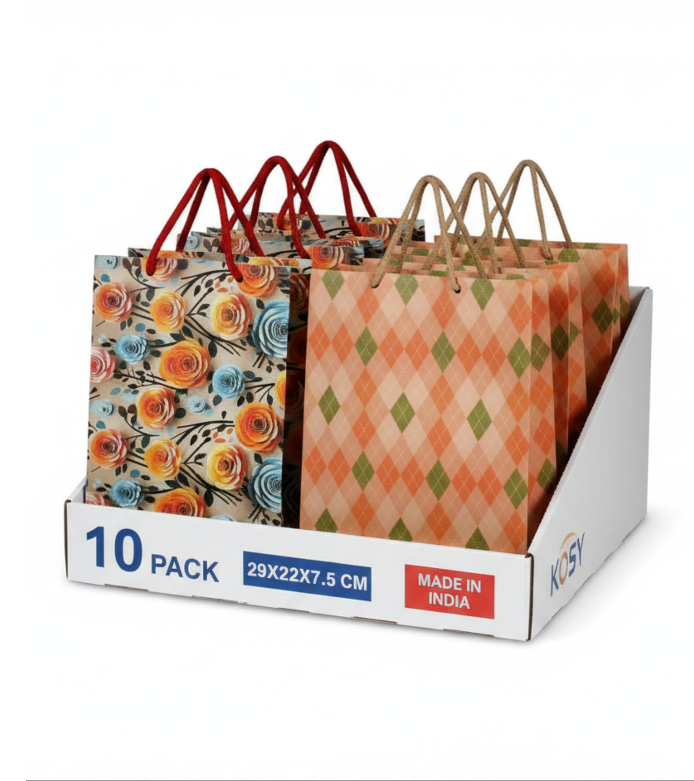 KOSY Paper Gift Bag for Gifting and Return Gifts Medium Designer Printed Paper Carry Bag 3D Rose Burfi Check Design for Chocolates Jewelry Accessories Events and Celebrations Pack of 10
