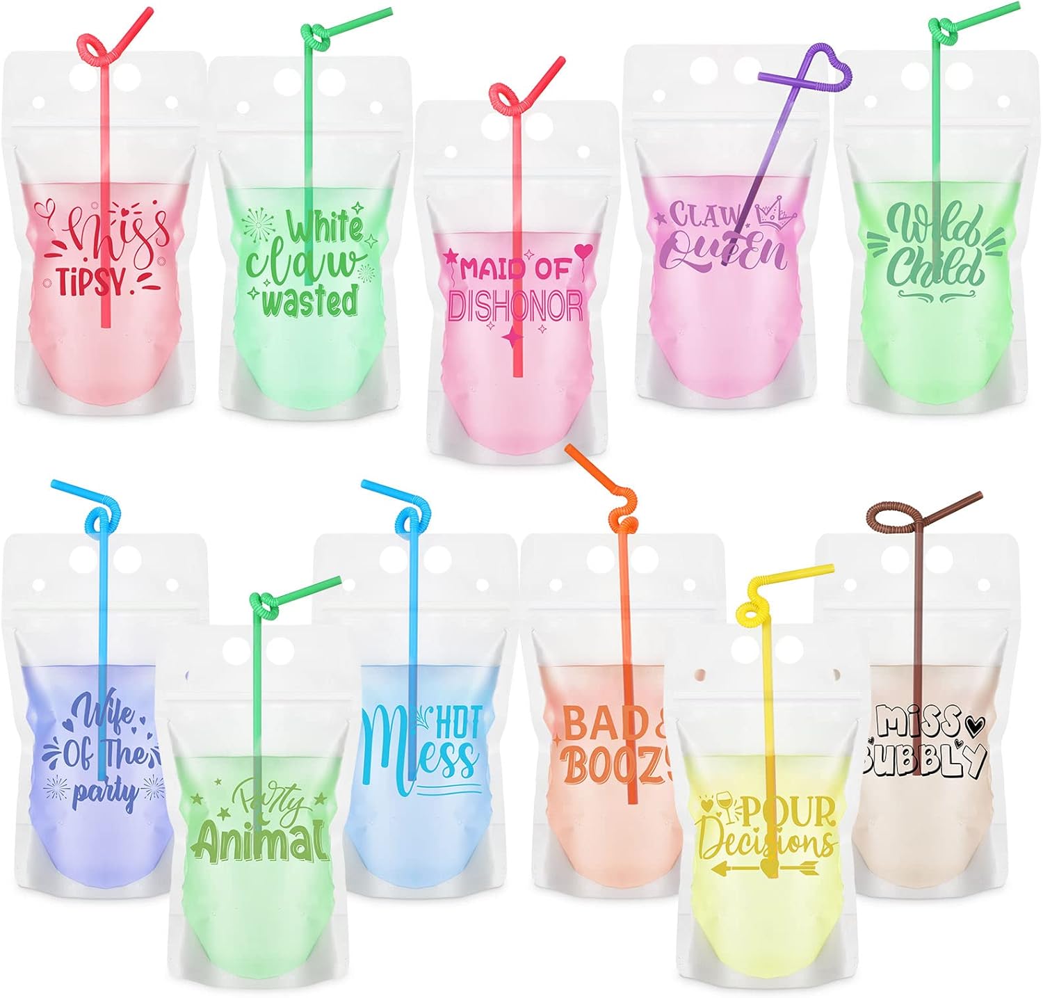 Hoolerry 24 Pcs Bridesmaid Drink Pouches with Straws Drink Pouches for Adults Alcohol 17 oz Hand-held Naughty Bridesmaid Bride Cups Reusable Plastic Clear Alcohol Bags for Party Favors, 12 Designs