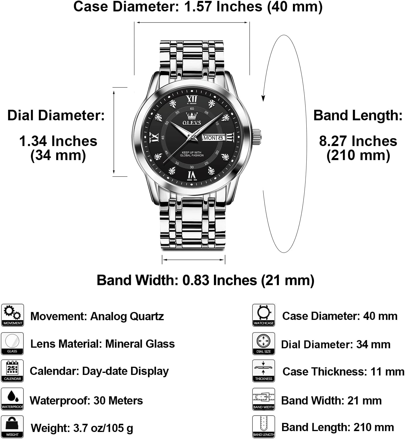 OLEVS Men's Stainless Steel Watch, Large Face Roman Numerals Diamond Accented Three-Hand Analog Quartz Watches for Men, Easy to Read Day Date Waterproof Luminous Mens Wristwatch - Image 6