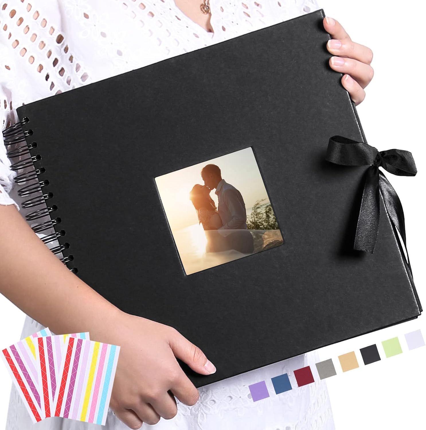 Vienrose Scrapbook Photo Album with Corner Stickers 12x12 inches DIY with Cover Photo Pocket 80 Pages Silk Ribbon Hardcover Album for Guest Book Wedding Baby Shower Christmas White