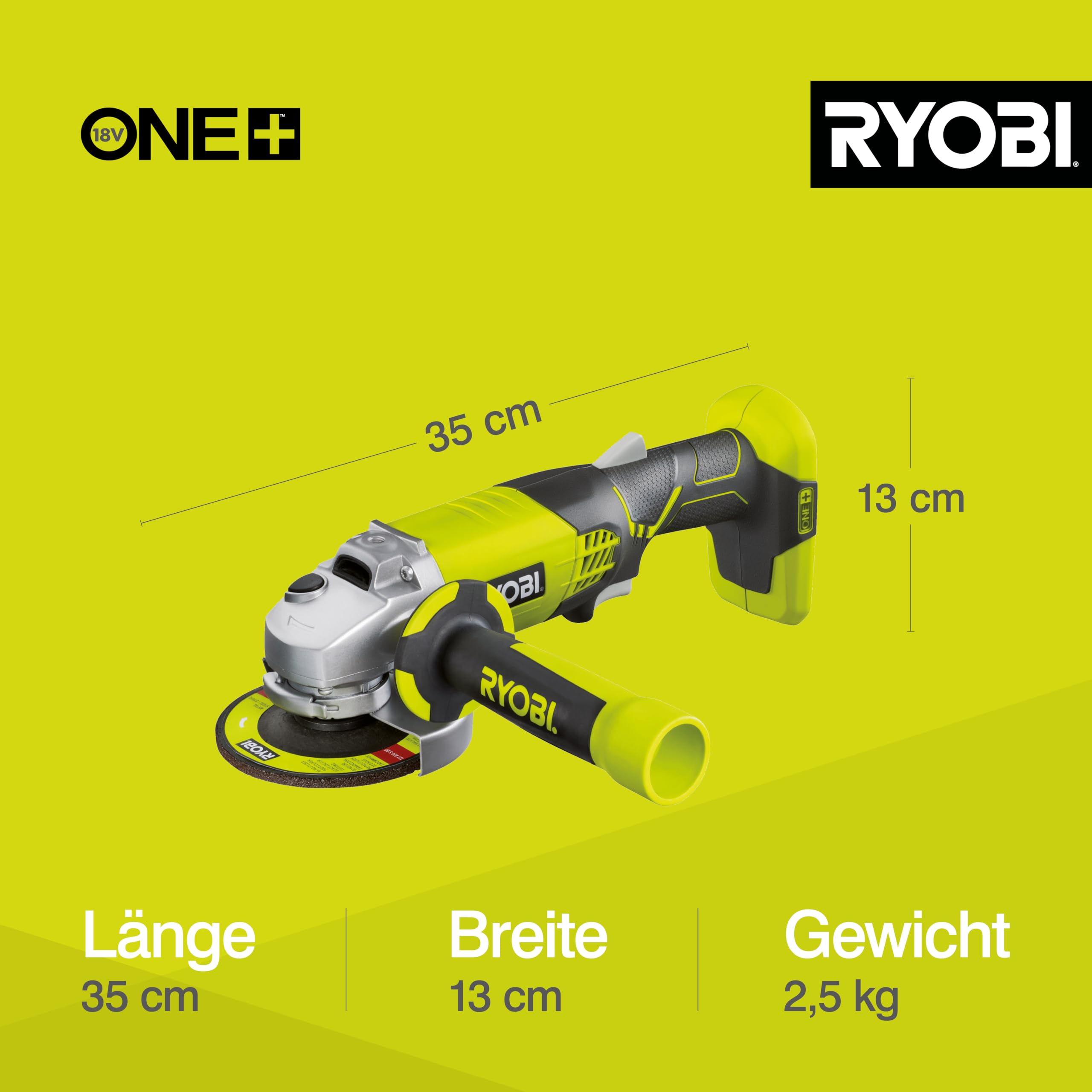 RYOBI 18 V ONE+ Akku-Winkelschleifer R18AG-0, kabelloses Schleif- und Trennwerkzeug, 7500 U/min, kraftvolle Metall-, Stein- & Fliesenbearbeitung