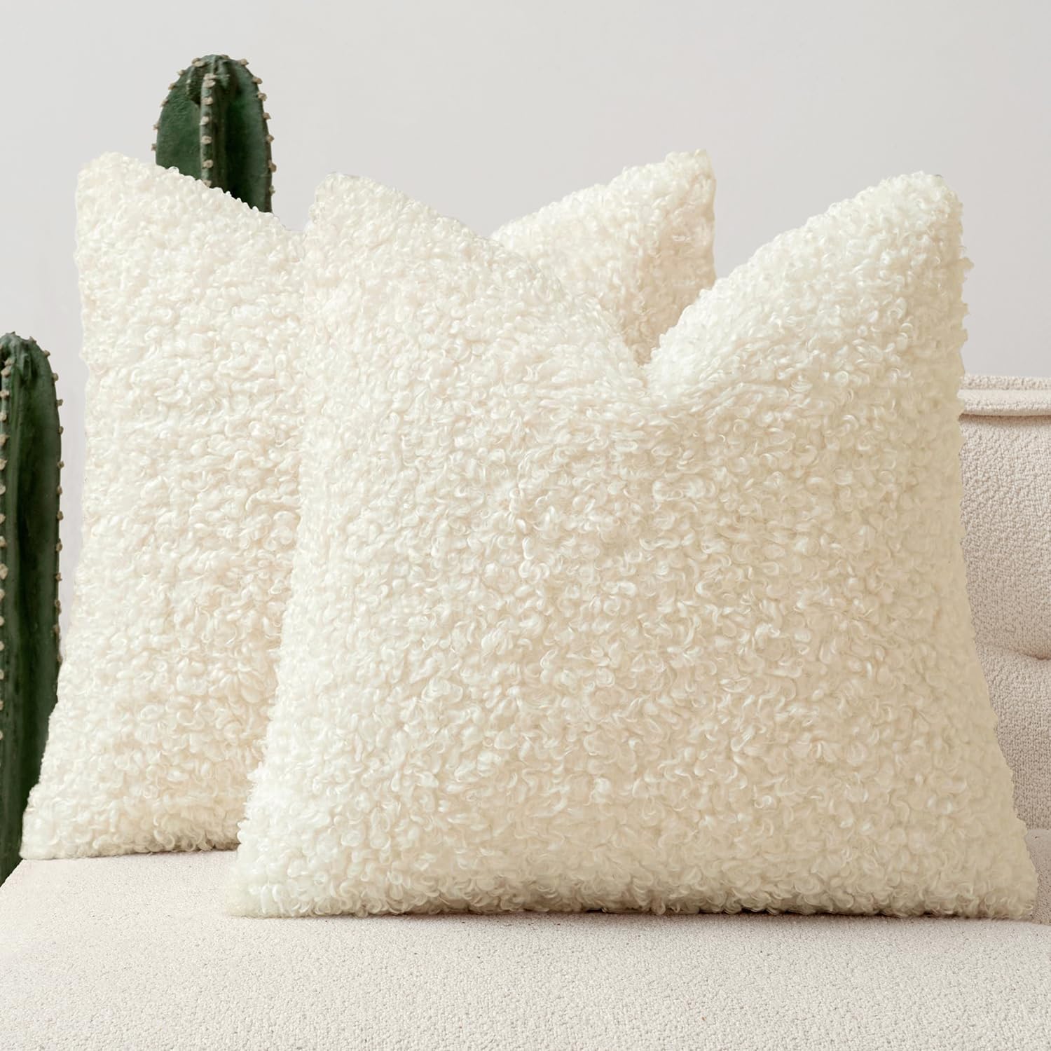 Woaboy Faux Fur Throw Pillow Covers 20x20 Inch Set of 2 Boucle Neutral Decorative Sherpa Fuzzy Accent Soft Sheepskin Fleece Cushions Modern Home Decor for Couch Sofa Bedroom Living Room,Cream White