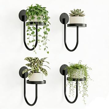 4 Pcs Wall Plant Stand, Metal Wall Mounted Plant Holder- Black | Hanging Plants Holder for Indoor, Window Floating Shelves, Hanging Display Rack for Home, Office, Outdoor, Space Saving