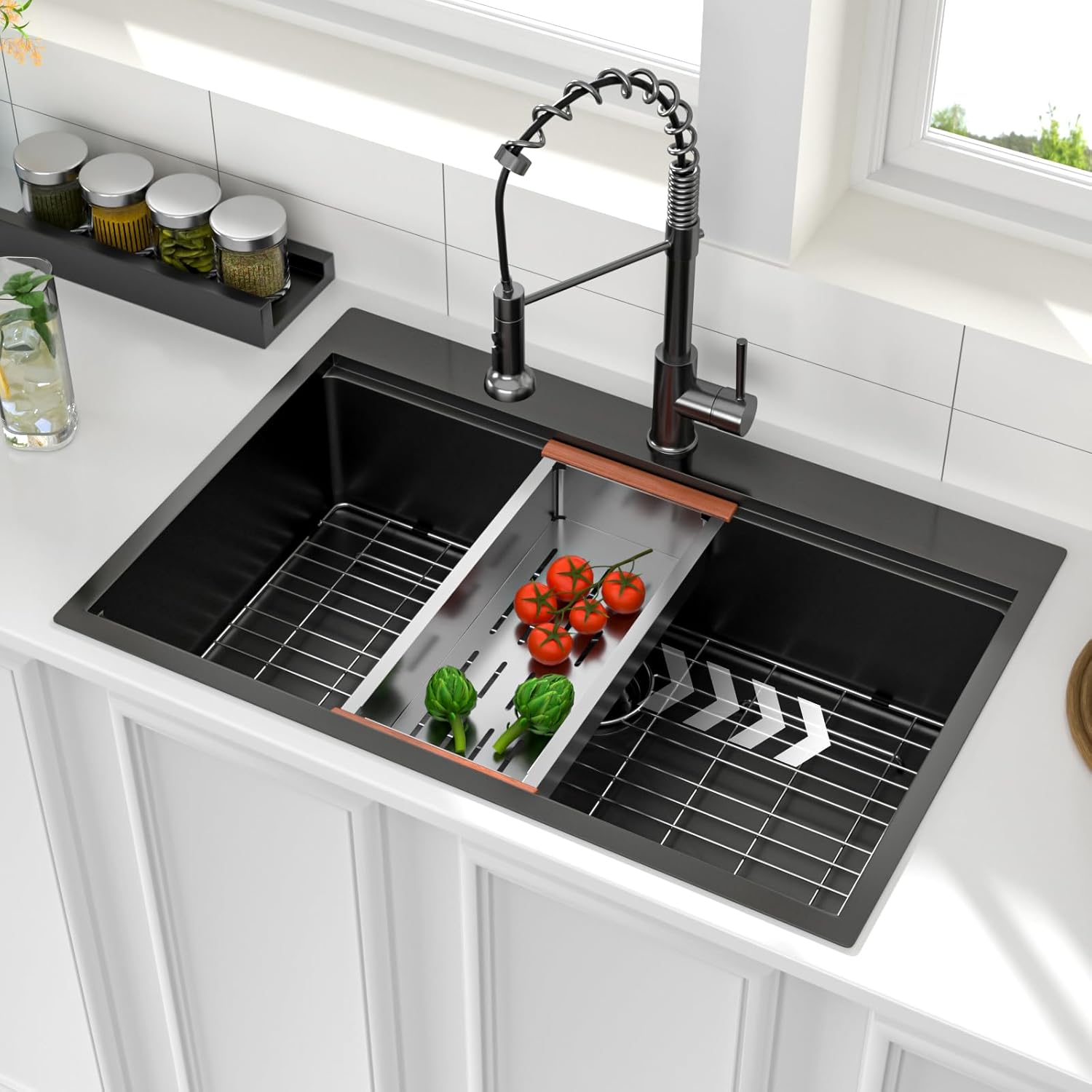 Logmey 33x22 Black Drop in Kitchen Sink 33" Topmount Kitchen Sink Workstation SUS304 16 Gauge Stainless Steel Handmade Single Bowl Top Mount Gunmetal Black Sinks,33x22x9