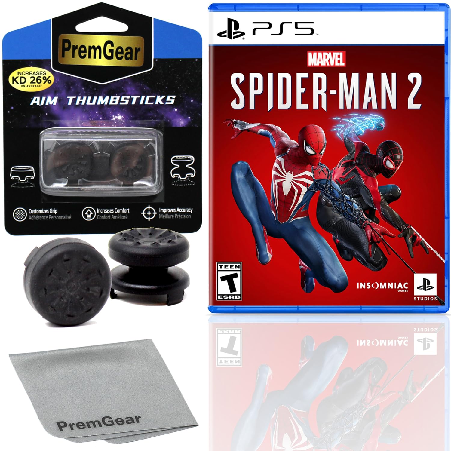 MARVEL’S SPIDER-MAN 2 compatible with PlayStation 5 (PS5) Standard Edition (US Version), with PremGear ThumbSticks (2 pack: 1 High-Rise, 1 Mid-Rise) & Cleaning Cloth