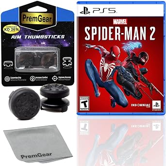 MARVELS SPIDER-MAN 2 compatible with PlayStation 5 PS5 Standard Edition US Version, with PremGear ThumbSticks 2 pack 1 High-Rise, 1 Mid-Rise & Cleaning Cloth