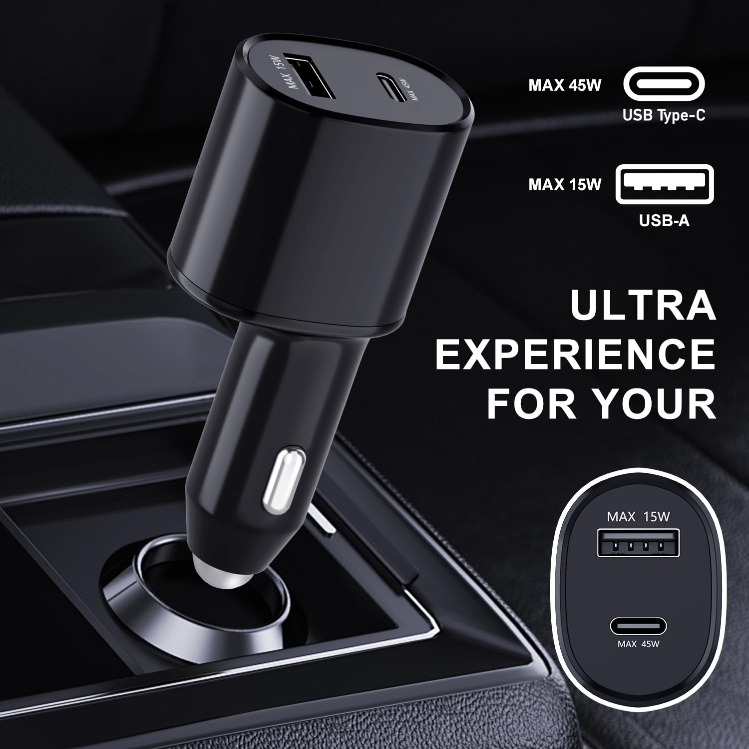 Cargador de coche dual súper rápido (45 W + 15 W), doble puerto USB-C y USB-A blanco, cable de 6.5 pies para Samsung S25, S24, S23, S22, color negro