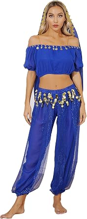 Womens 3Pcs Professional Belly Dance Costume Short Sleeves Crop Top Pants with Headscarf