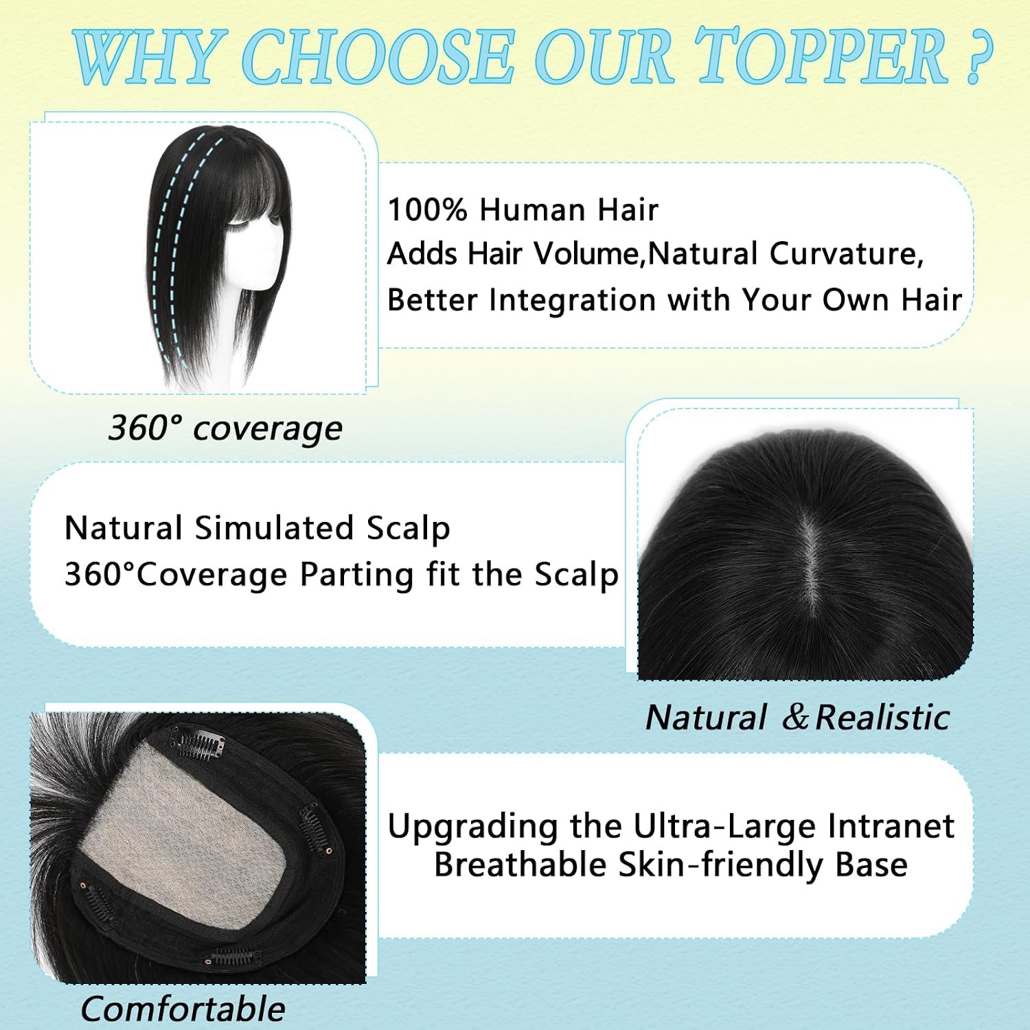 OLLAVO Hair Toppers for Women Real Human Hair, 360° 3D Toppers Pieces for Women with Thinning Crown Wispy Bangs 14 Inch Upgrade Big Basement (Black, 14 Inch Wispy Bangs)