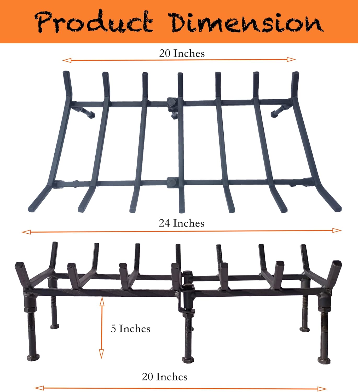 TAFIEDA Heavy Duty Solid Steel Fireplace Log Holder. 24 inches, Adjustable, 6 Solid Steel Feet with 7 Bar Holder. For Indoor & Outdoor Fireplaces