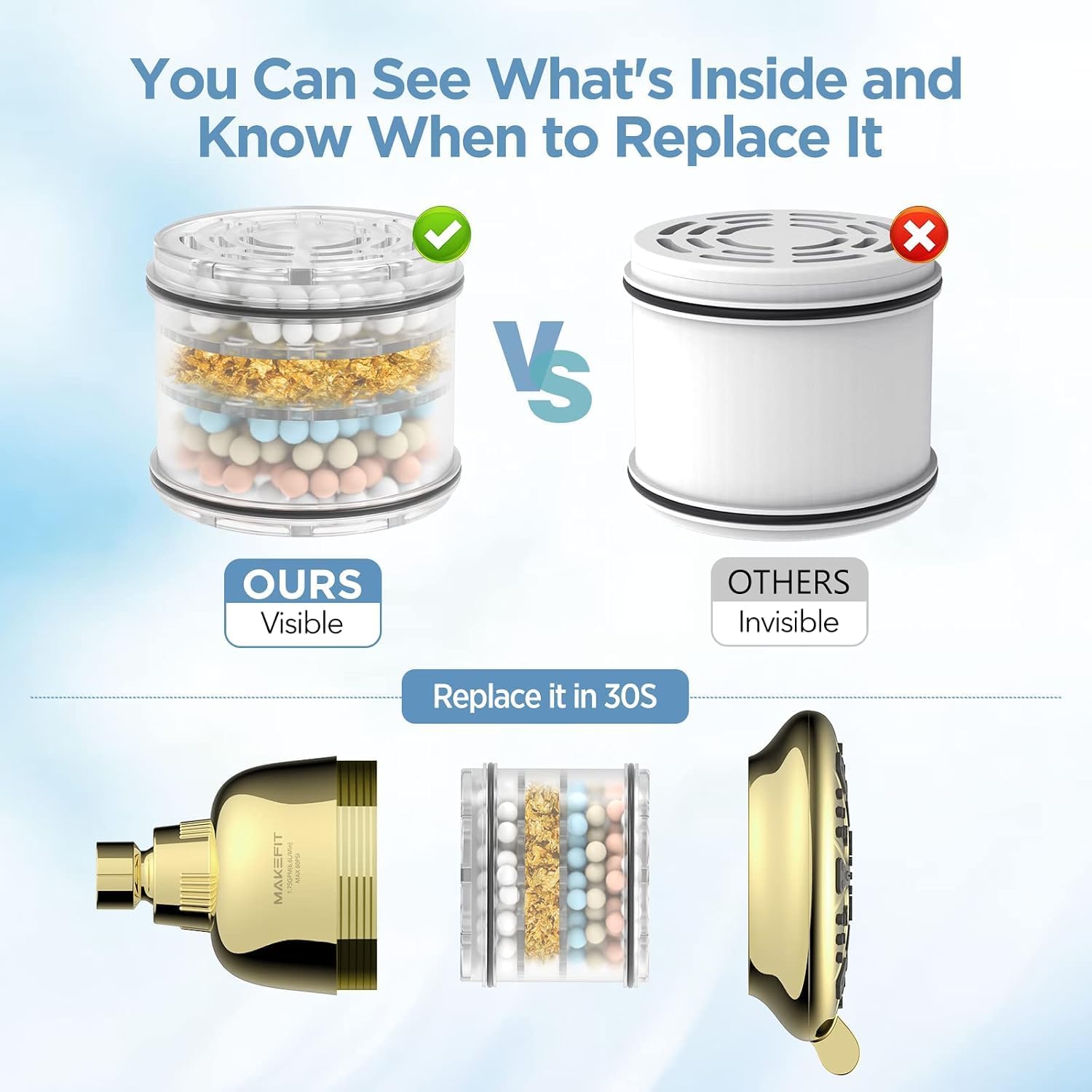MakeFit Filtered Shower Head - High Pressure Rain - Shower Head with filter for Hard Water - Luxury 7 Settings Adjustable Water Filter Showerhead (Gold) image 4