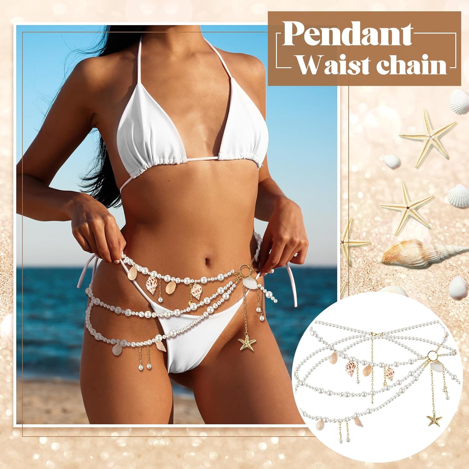 Tondiamo Pearl Belly Chain Layered Waist Body Chains Mermaid Beach Conch Starfish Bikini Belly Jewelry Fashion Beach Rave Party Club Body Accessories Jewelry for Women, 29.5-37.4 In - Image 6