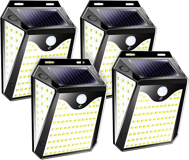 ErayLife Solar Lights Outdoor, 121 LED Solar Outdoor Light, Security Motion Sensor Lights with 270° Wide Angle, Waterproof Outdoor Wall Light 3 Modes for Garden Fence Door Yard Patio Pathway, 4 Pack