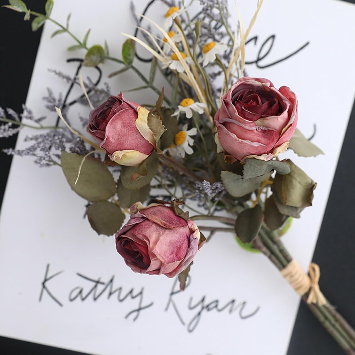 Artificial Flowers, Realistic Fake Dried Roses Bouquet with Daisies and Leaves, 14" Long Stem, Vintage Silk Dried Flower Arrangements for Home Kitchen Gargen Party Wedding Decor (Pink)