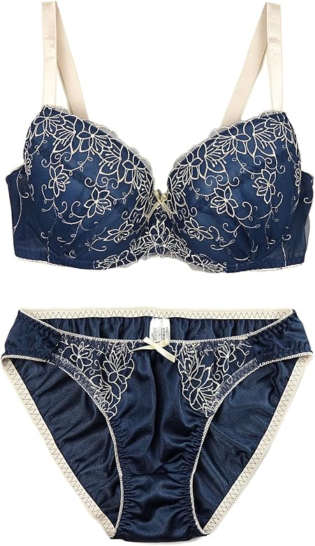 Amazon | 花柄刺繍ブラジャー&ショーツセット下着(WD041) ネイビー 
