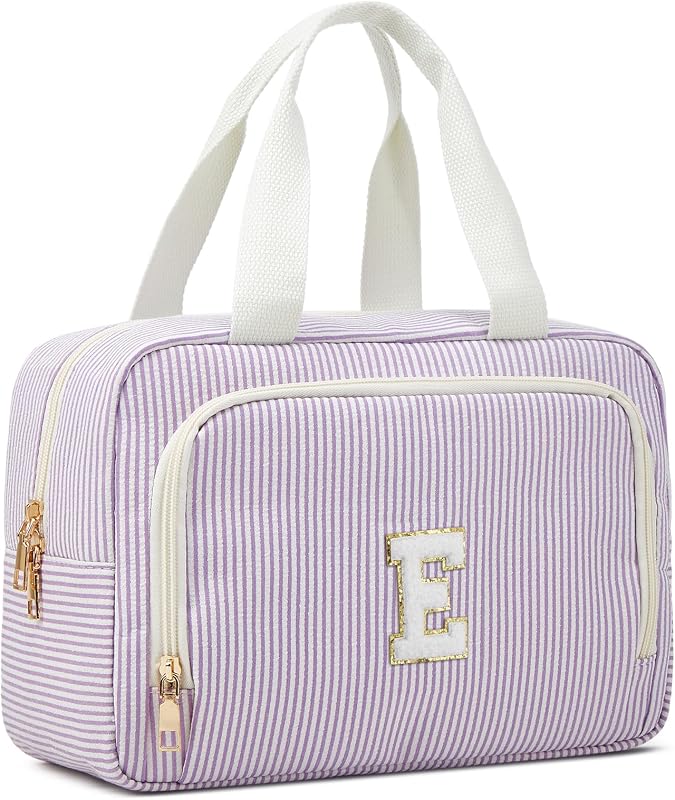 Necessaire de maquiagem ZOEMTIU com compartimentos e alça, tecido seersucker listrado, inicial bordada, Purple E, modelo Z6-Purple-E