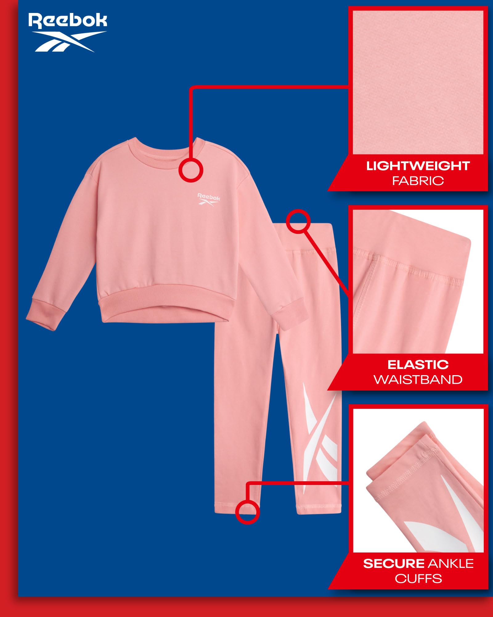 Reebok Kleinkind-Mädchen-Hosen-Set – 2-teiliges gemütliches Fleece-Crewneck Sweatshirt und Mädchen-Leggings für Kleinkinder und kleine Kinder