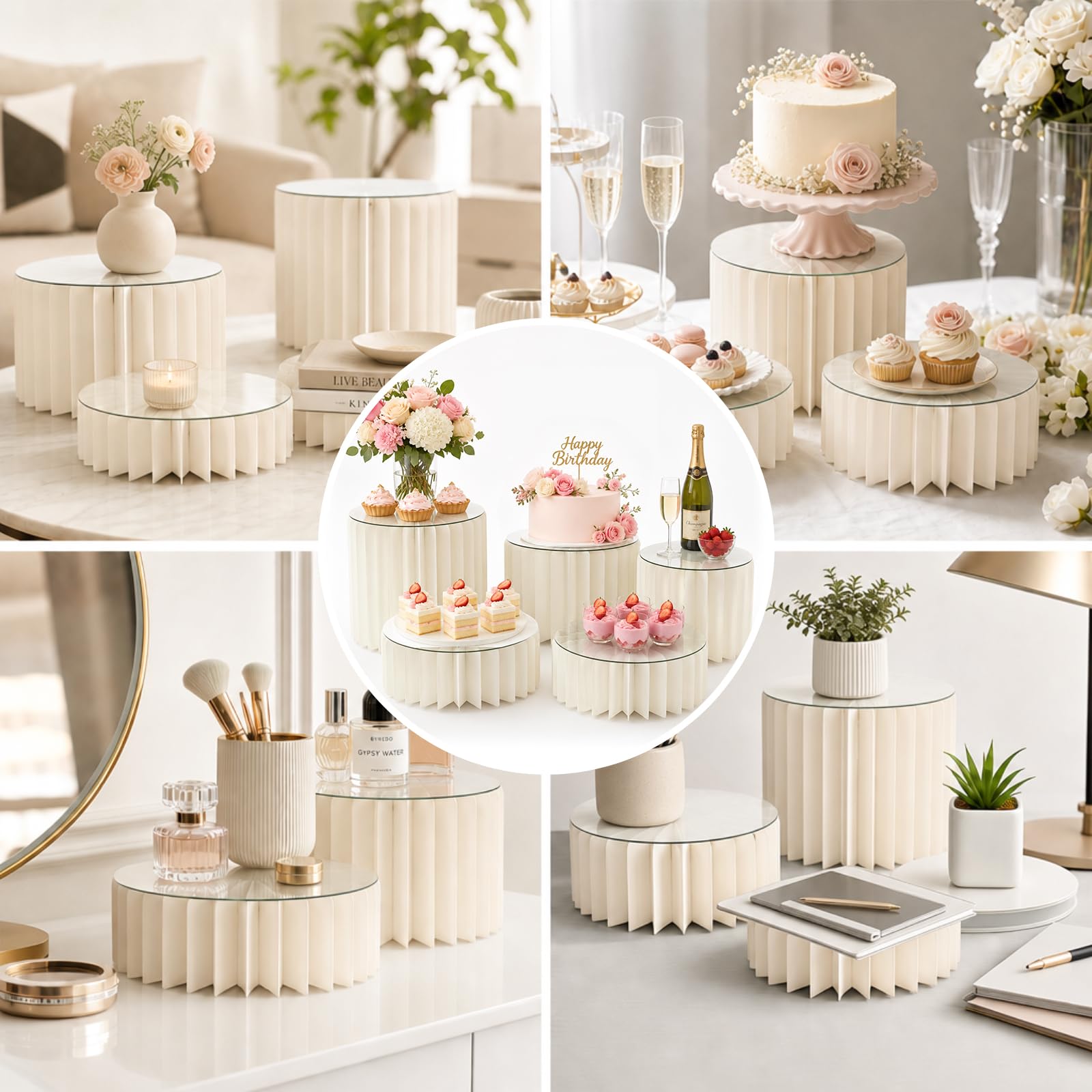 5 alzate pieghevoli per torte, alzate per buffet, espositore in cartone con piastre rotonde in acrilico, supporto per torte per matrimoni, compleanni, decorazioni per feste e buffet da