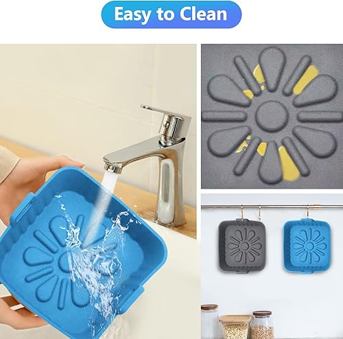 Miniatura 7 de REY&SHAW Paquete de 2 cestas cuadradas de silicona para freidora de aire de 9 pulgadas, olla de silicona reutilizable grande de silicona para