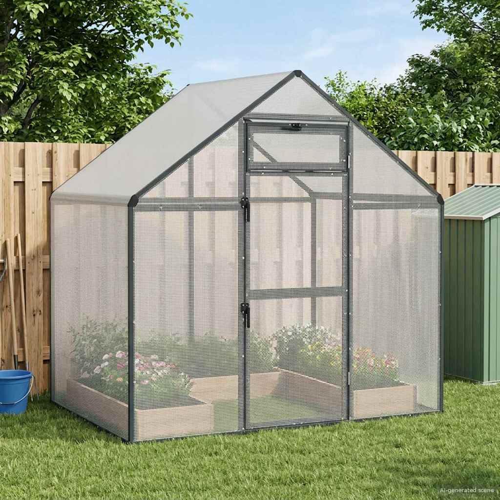 Vogelkäfig Anthrazit 181,5 x 110,5 x 173,5 cm wetterfester Außenkäfig mit Schloss, Fenster, Ständer und Sitzstangen für Papageien, Wellensittiche, Kanarienvögel und Zebrafinken