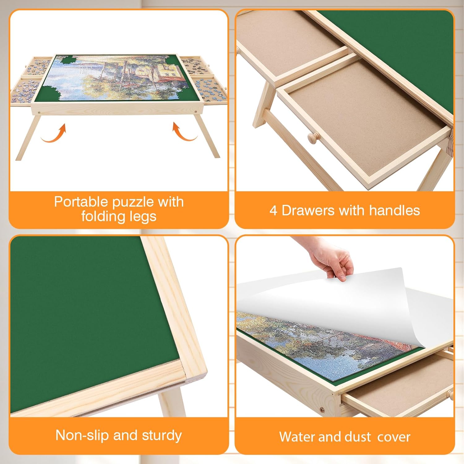 Jigsaw Puzzle Table with Folding Legs, 34 "x 26" Wooden Puzzle Table with 4 Drawers and Cover, Portable Enlightenment Board for Storage and Sorting - 1500 Piece