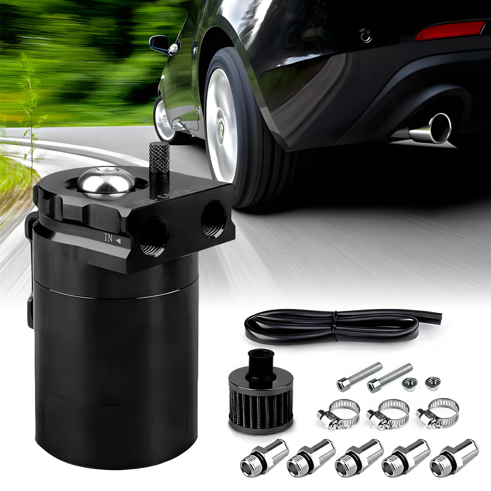 Bote de Captura de Aceite, Tanque de Depósito de Aluminio para Automóvil de 300 Ml, Kit Universal Con Filtro de Aire, Manguera y Otros Accesorios (Negro)